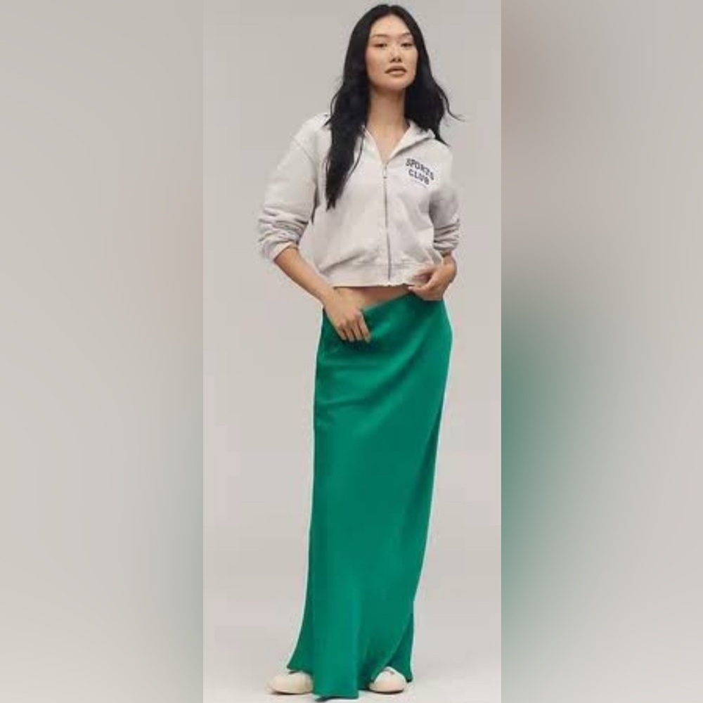 Anthropologie Green Satin Slip Skirt